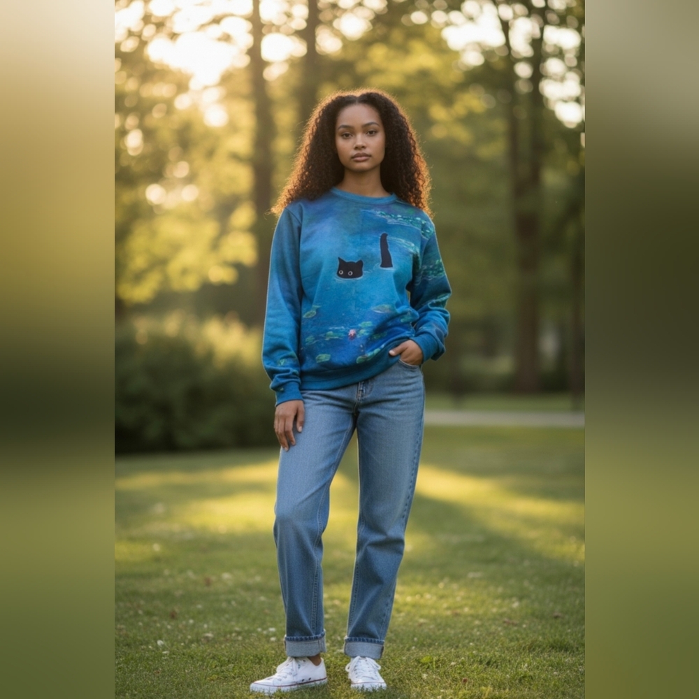 Cute Cat Print Sweatshirt Pond Of Lilies